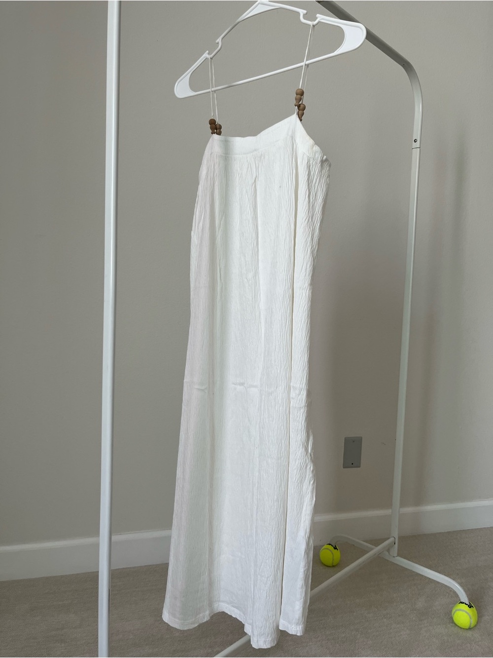 Zara White Wrinkle Effect Midi Dress with Wooden Bead Straps
